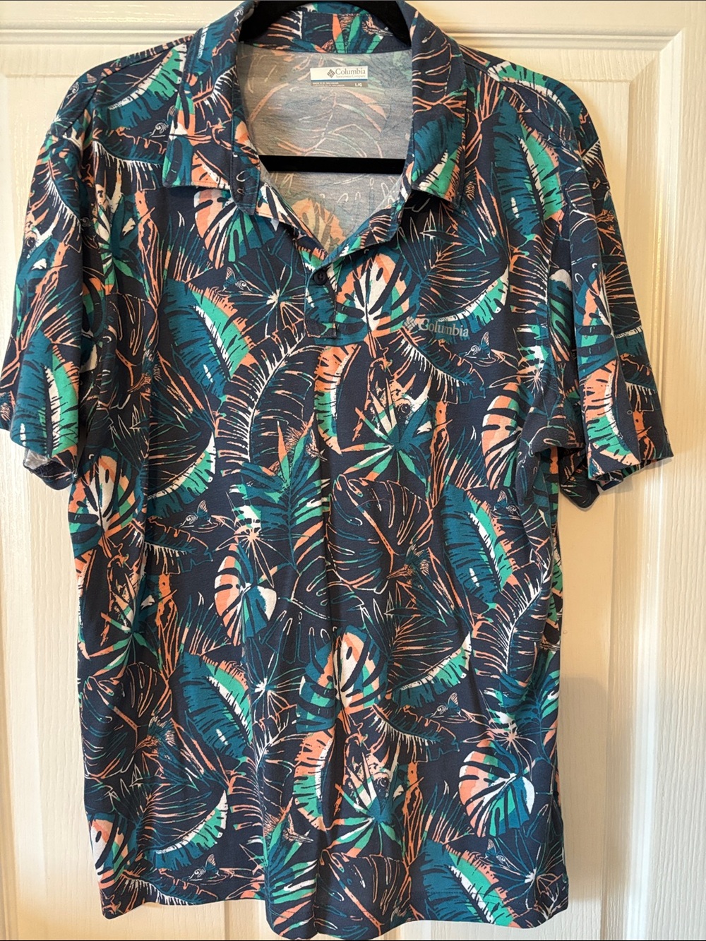 Columbia Navy Tropical Print Short Sleeve  Polo Style Shirt